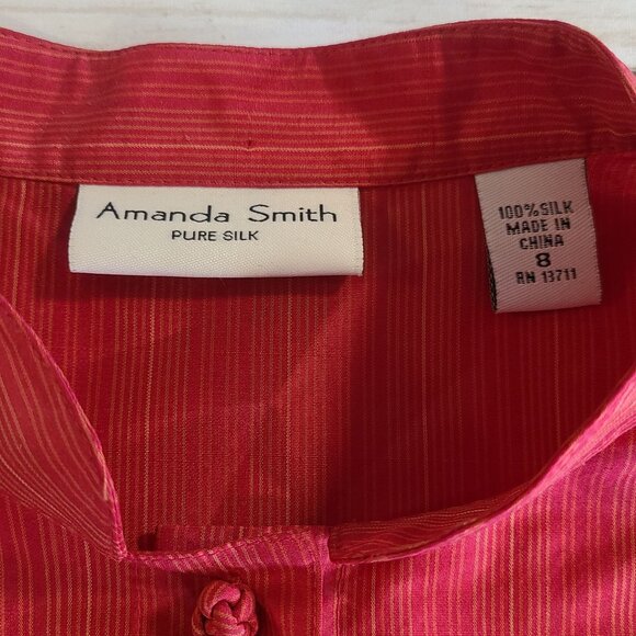 Amanda Smith Red Pure Silk Asian Button Down Striped Sleeveless Shirt Vest 8 - Picture 5 of 8